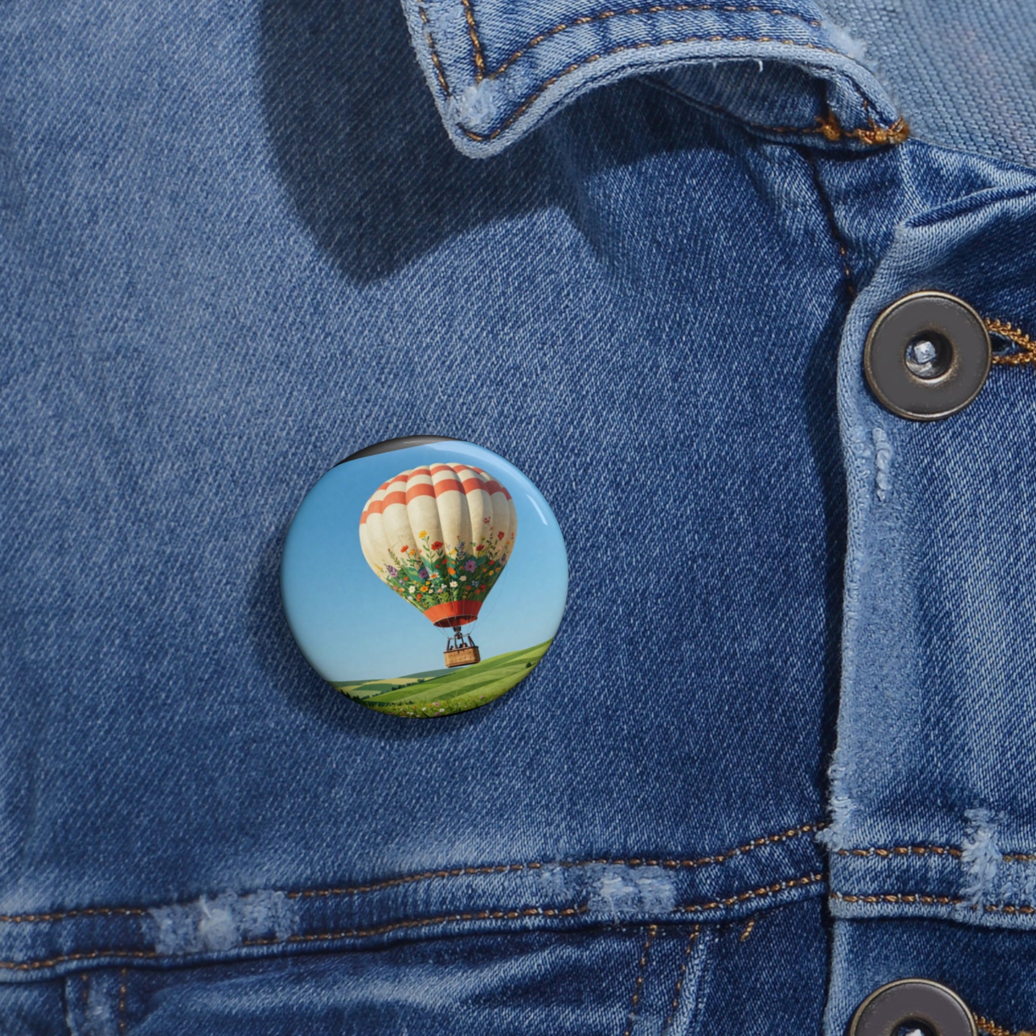 Hot Air Balloon Pin Button — Scenic Vintage Travel Badge