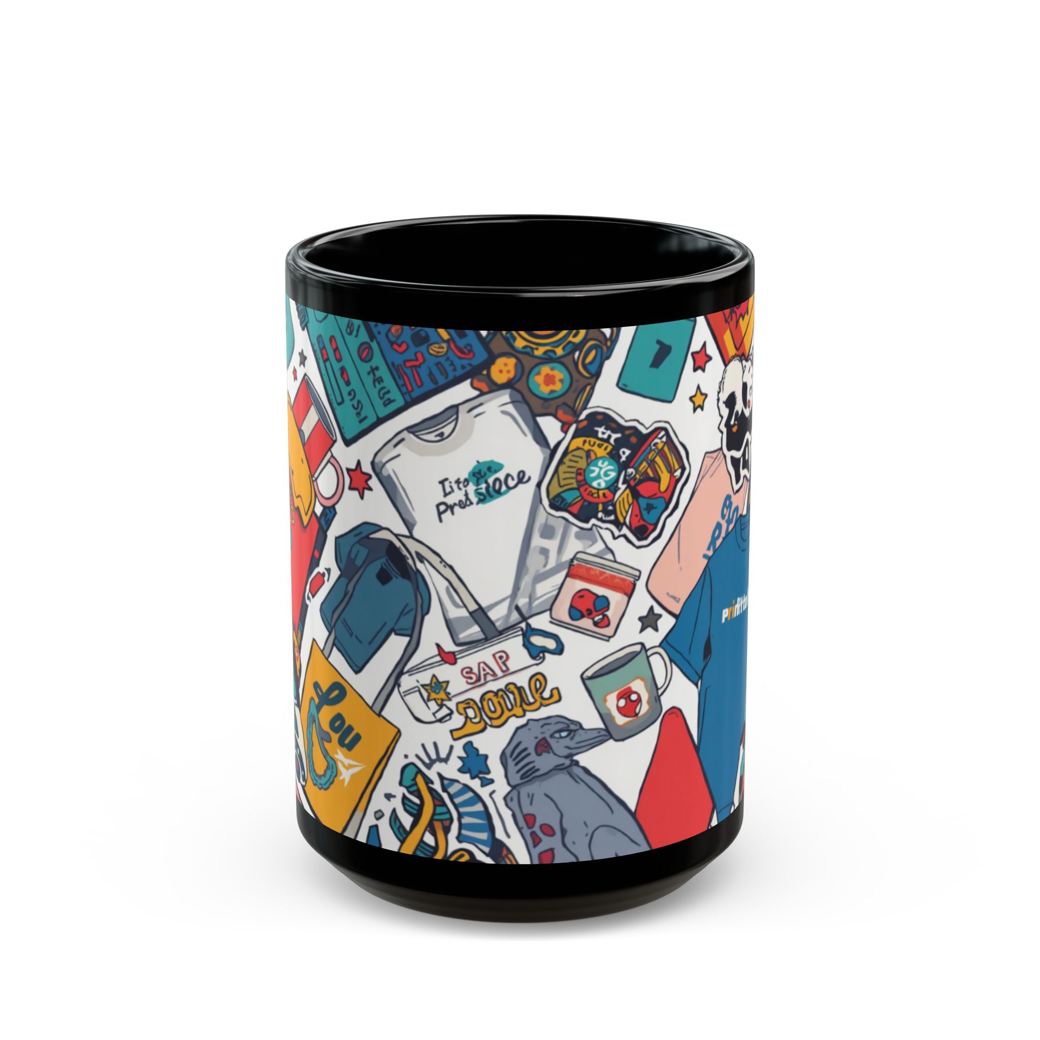 Sticker Collage Black Mug — Colorful Pop Art Coffee Cup (11oz/15oz)