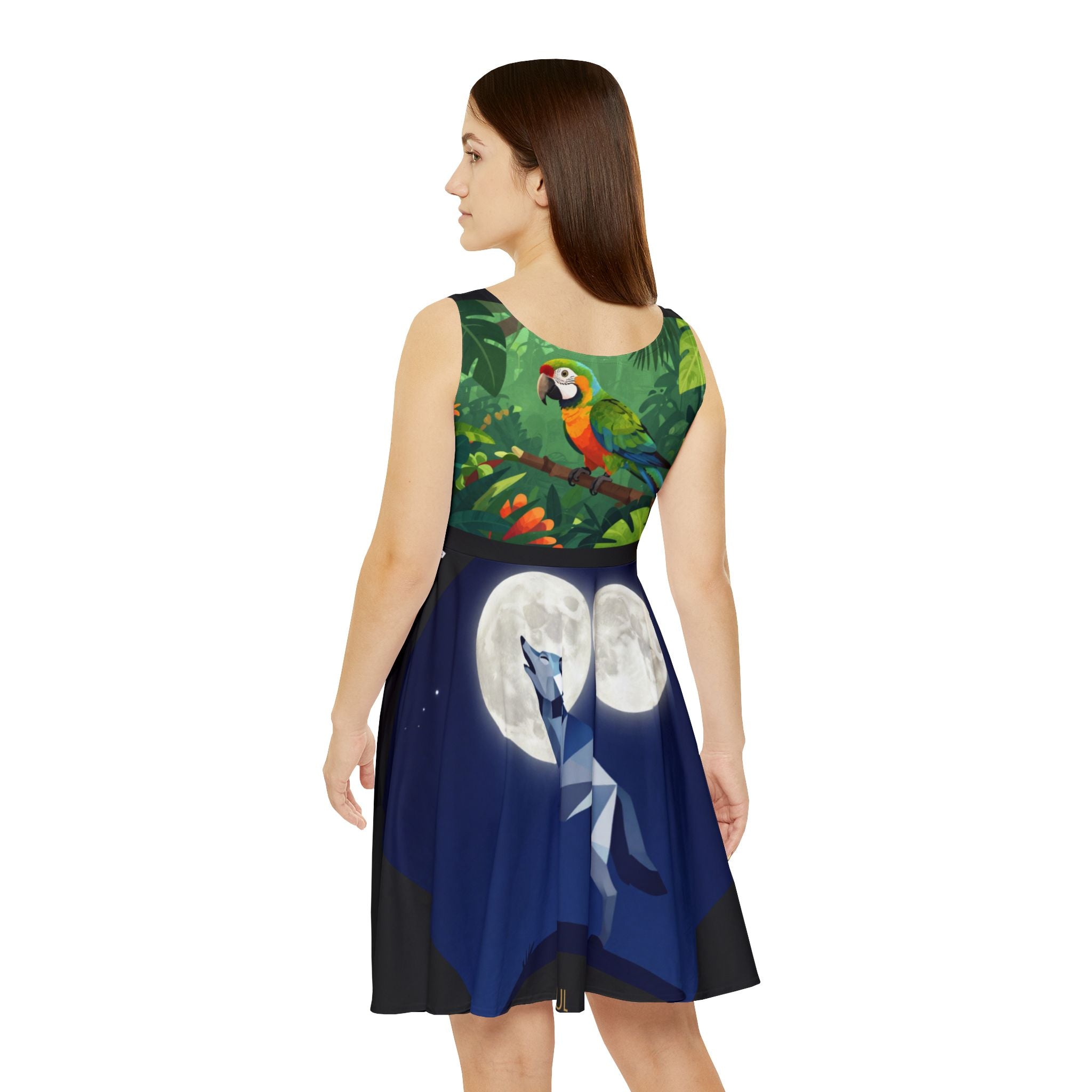Skater Dress — Mystical Nature Print (Deer, Parrot & Galaxy Artwork)