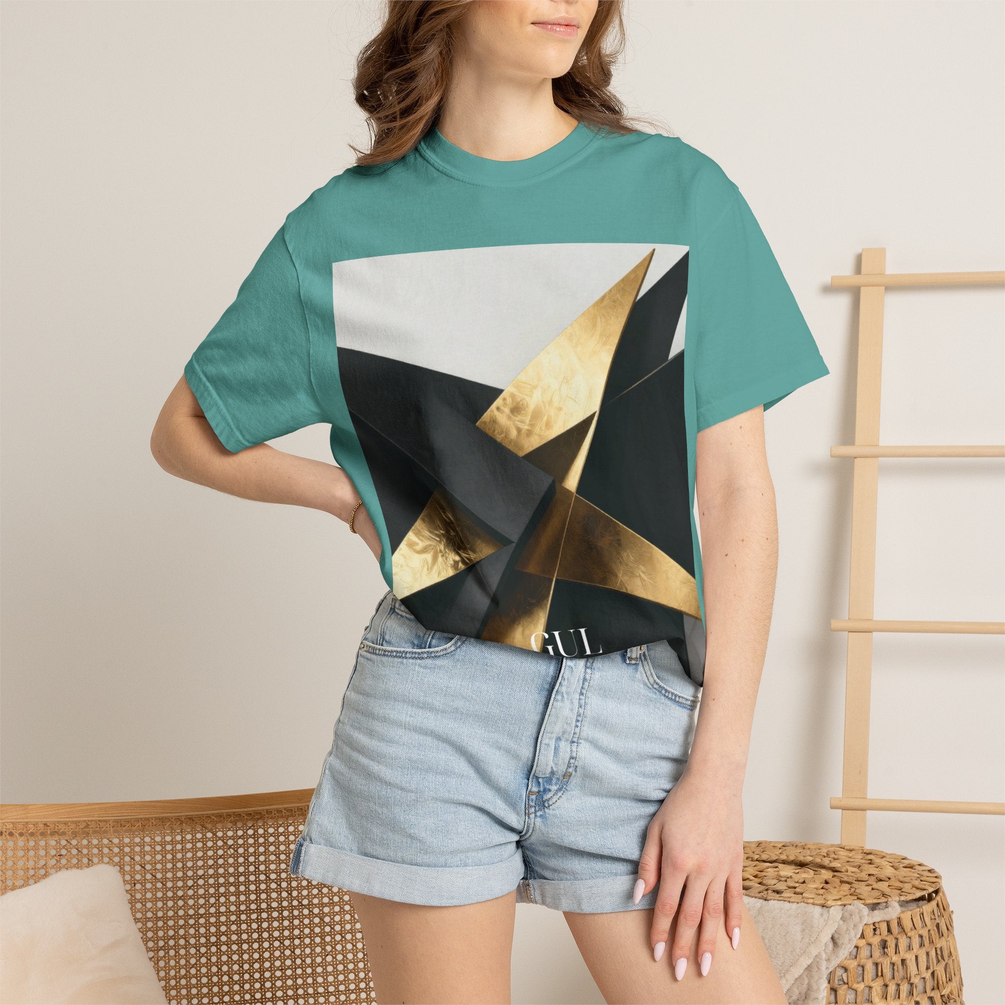 Graphic T-Shirt — Modern Gold Abstract & Mountain Photo Print