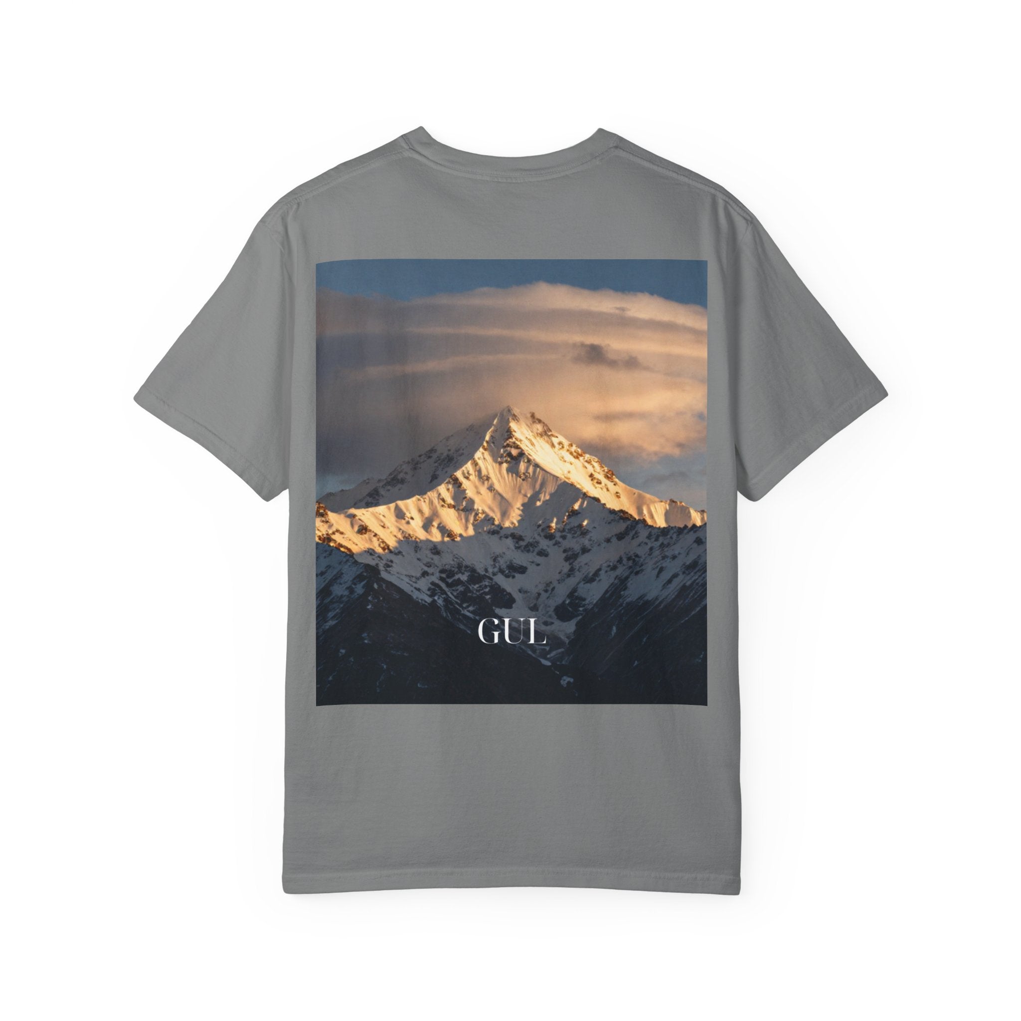 Graphic T-Shirt — Modern Gold Abstract & Mountain Photo Print