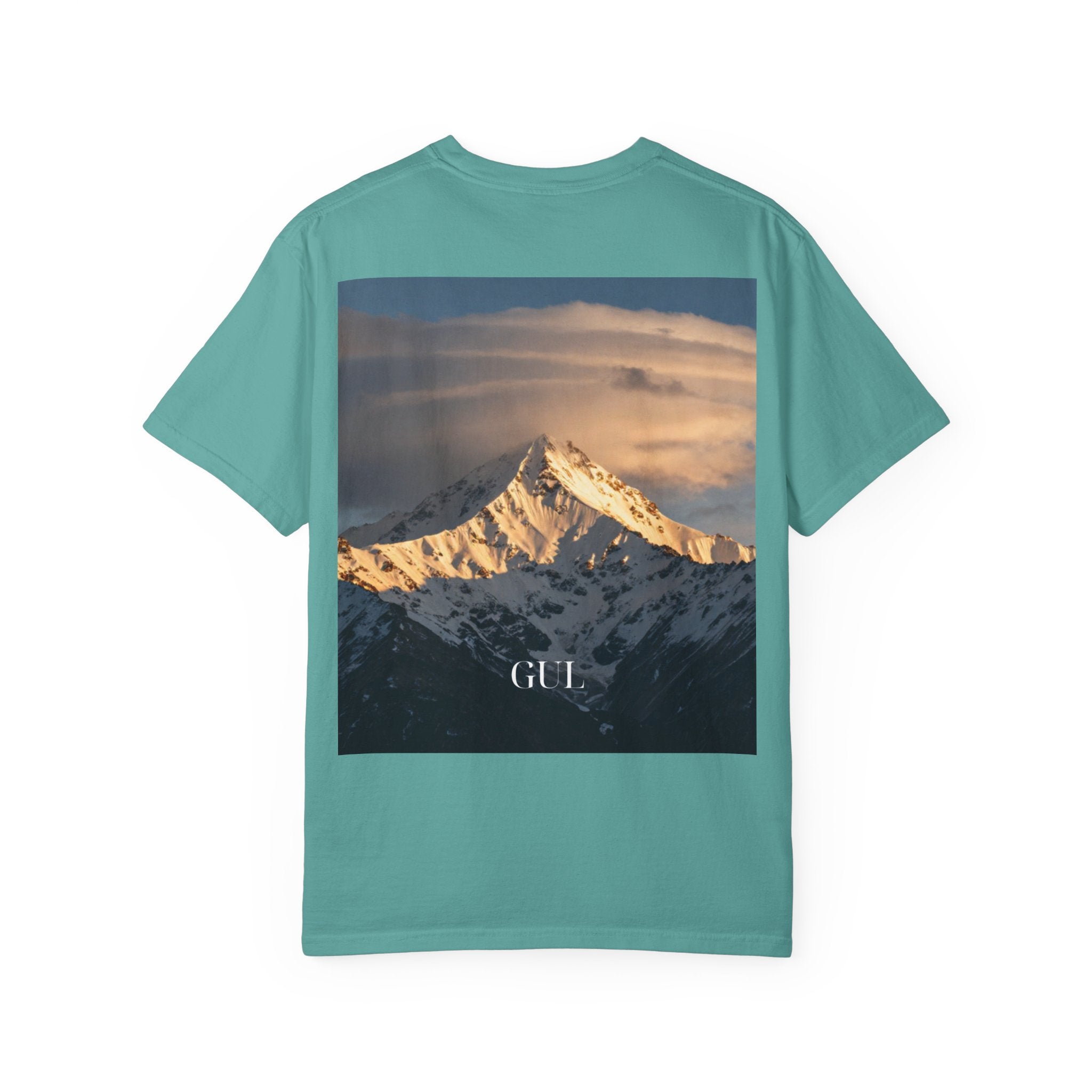 Graphic T-Shirt — Modern Gold Abstract & Mountain Photo Print