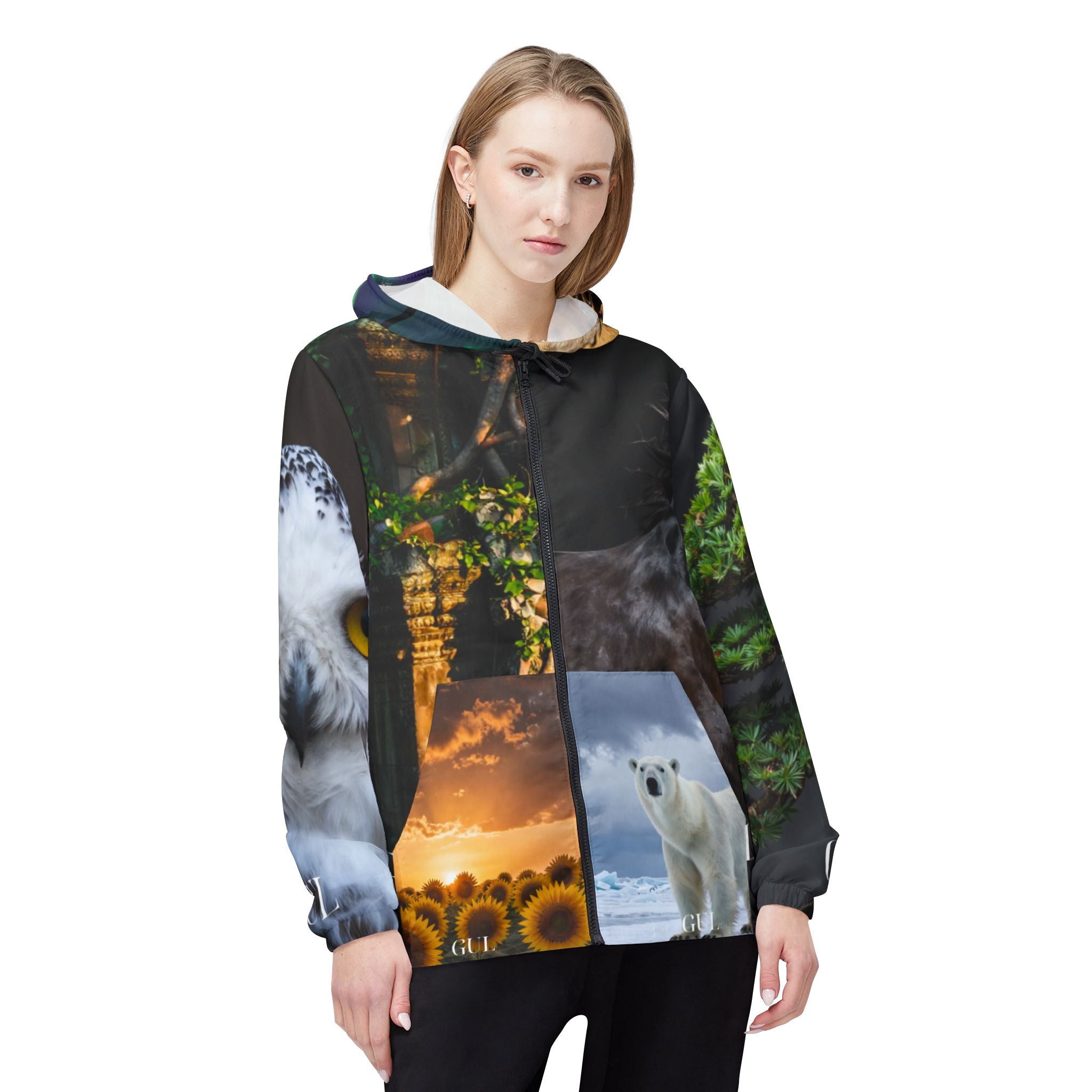 Nature Montage Windbreaker Jacket – Owl, Polar Bear & Volcano All-Over Print