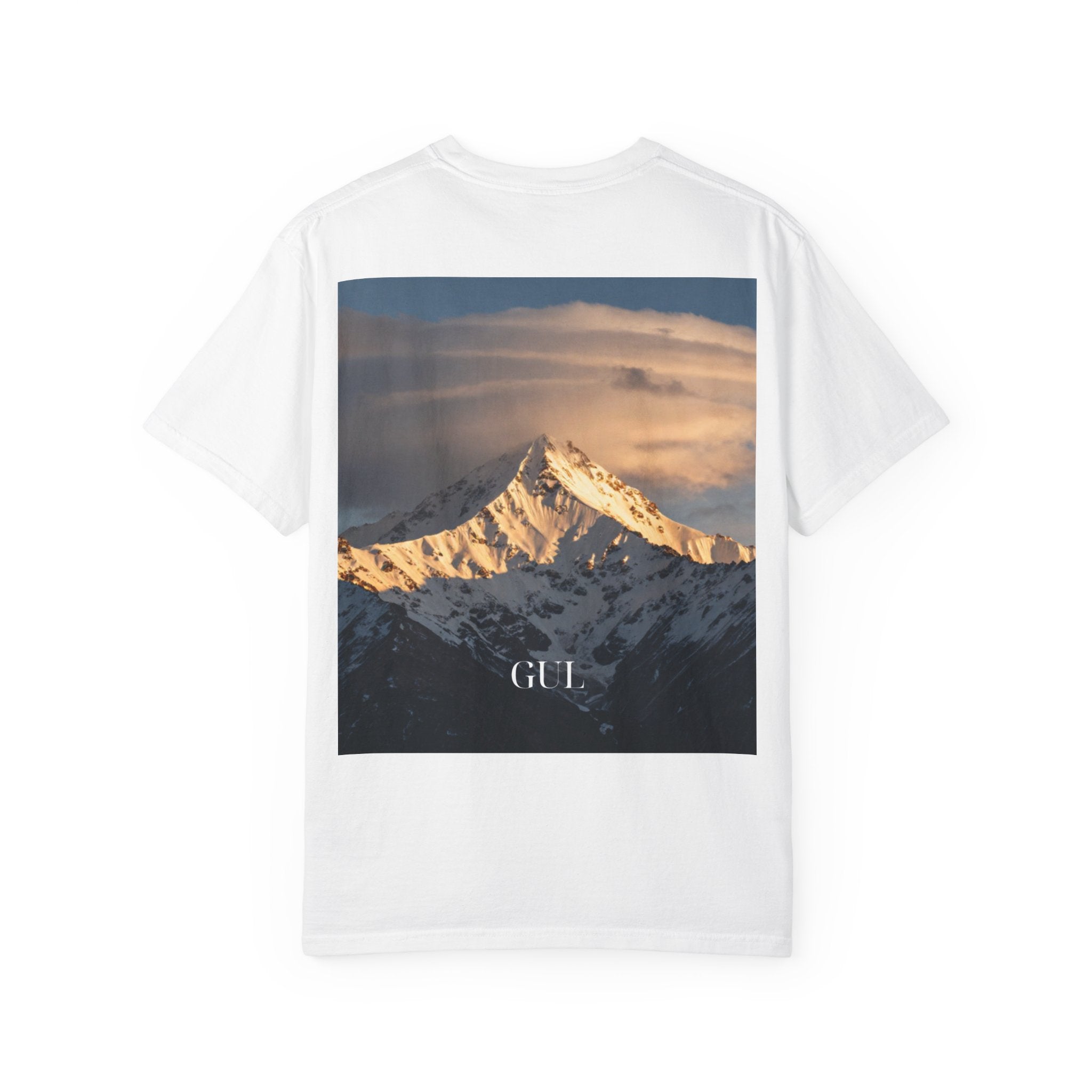 Graphic T-Shirt — Modern Gold Abstract & Mountain Photo Print