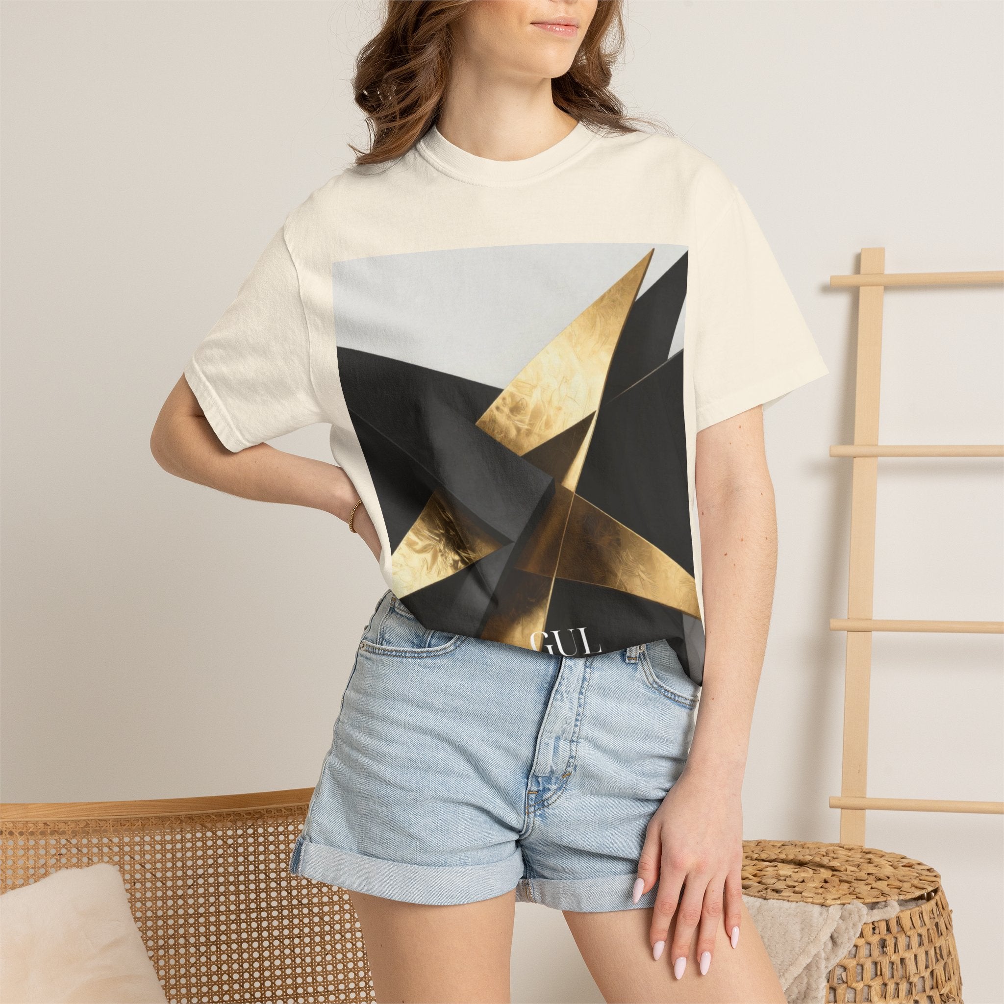 Graphic T-Shirt — Modern Gold Abstract & Mountain Photo Print
