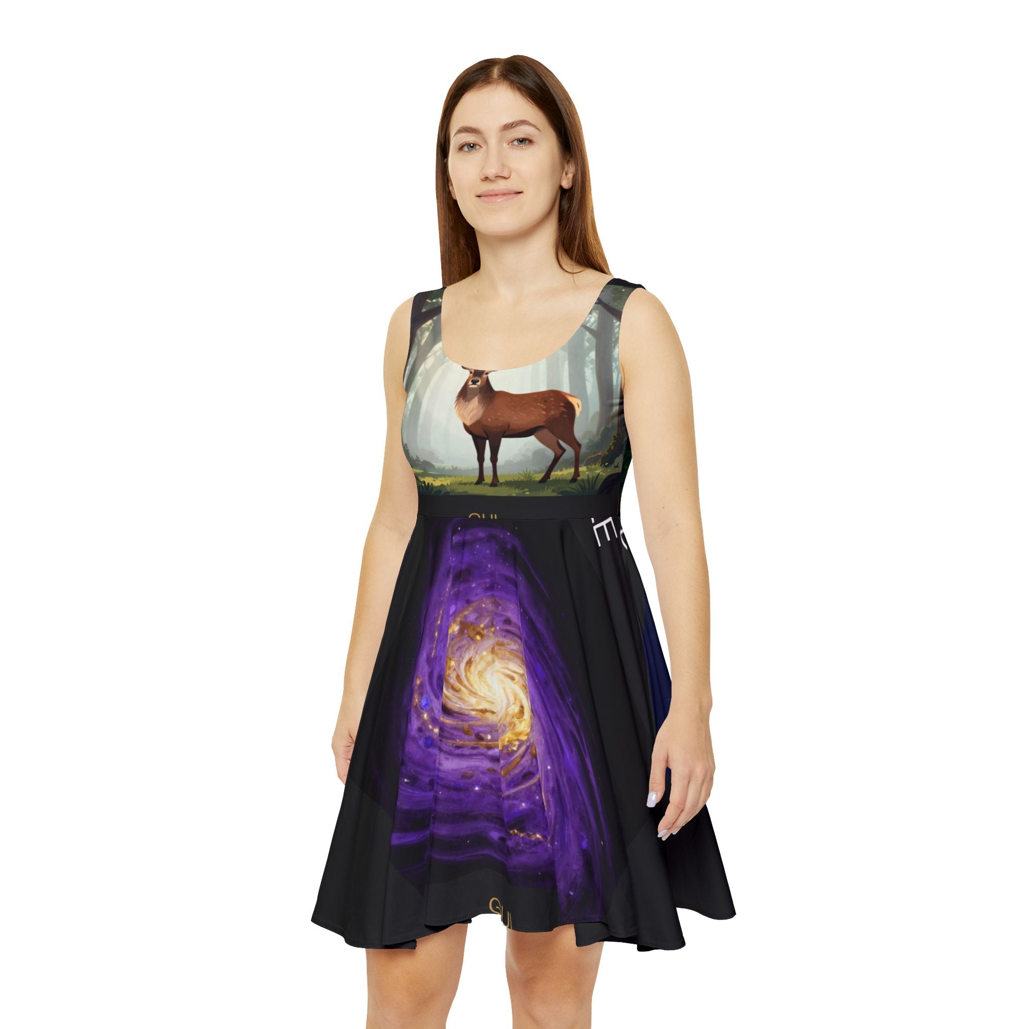 Skater Dress — Mystical Nature Print (Deer, Parrot & Galaxy Artwork)