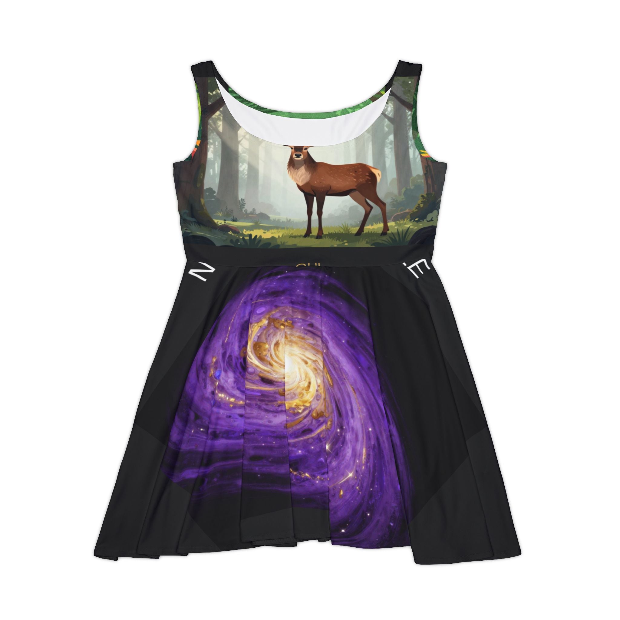 Skater Dress — Mystical Nature Print (Deer, Parrot & Galaxy Artwork)