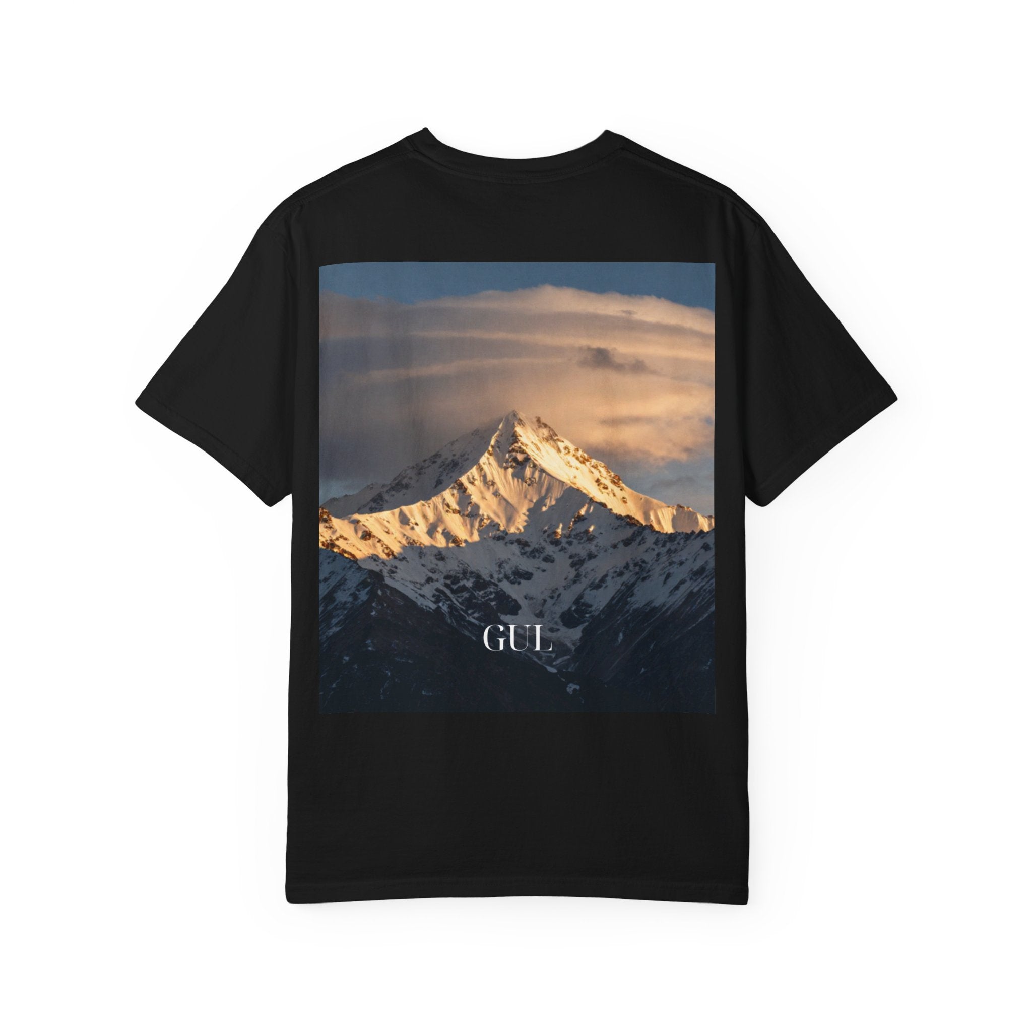 Graphic T-Shirt — Modern Gold Abstract & Mountain Photo Print