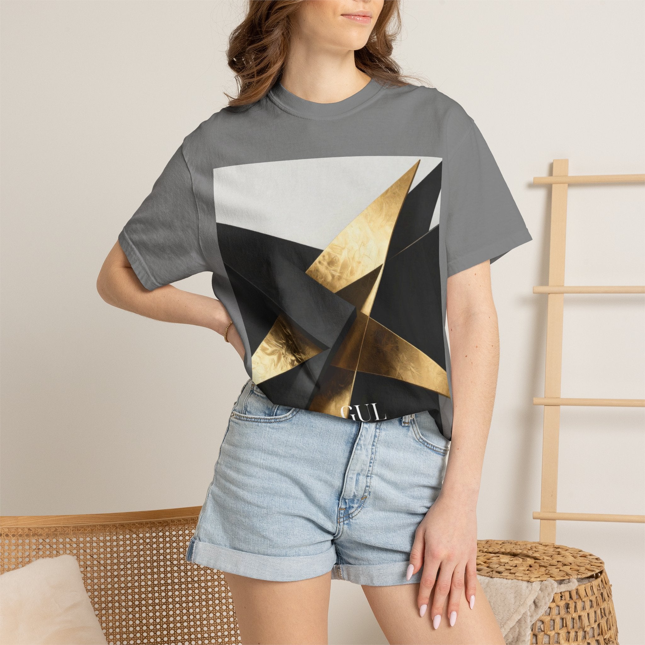Graphic T-Shirt — Modern Gold Abstract & Mountain Photo Print