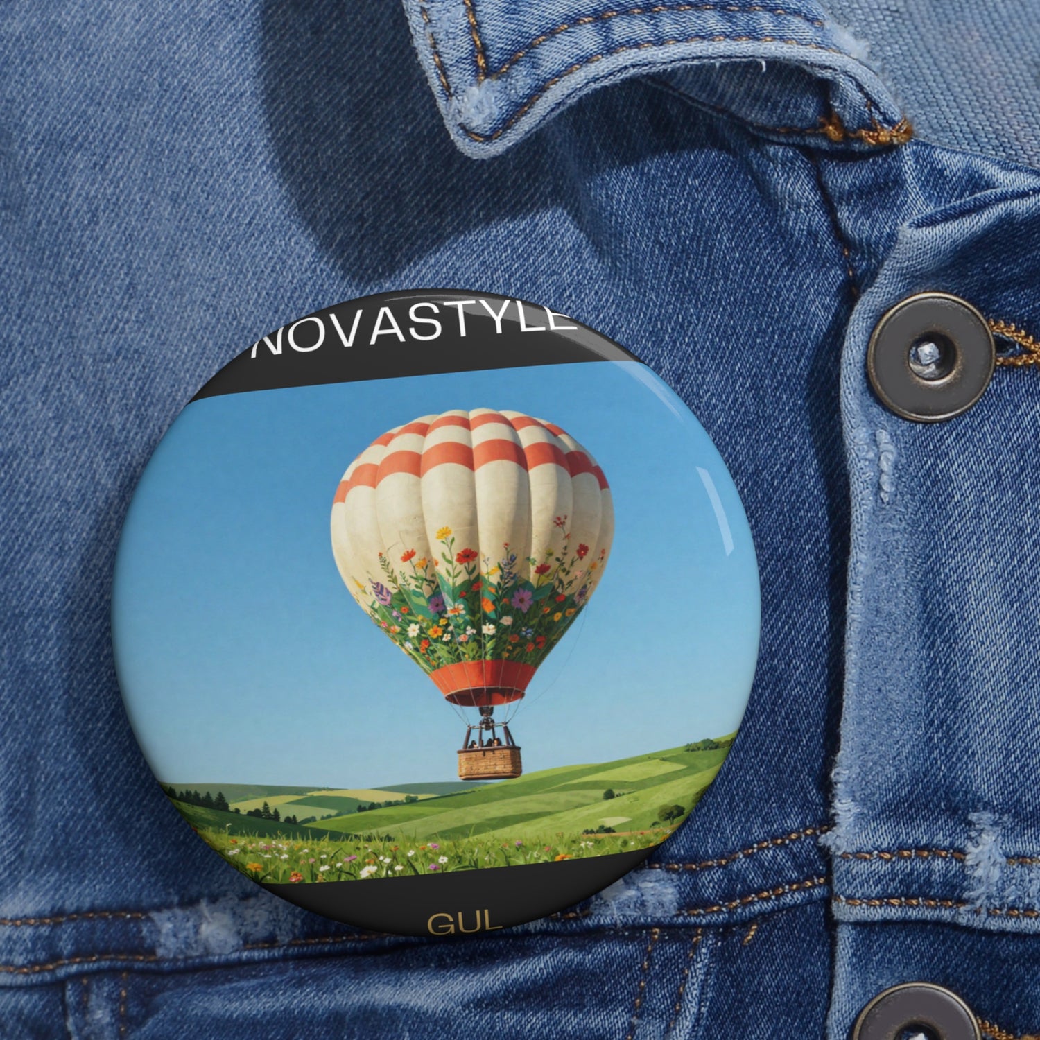 Hot Air Balloon Pin Button — Scenic Vintage Travel Badge