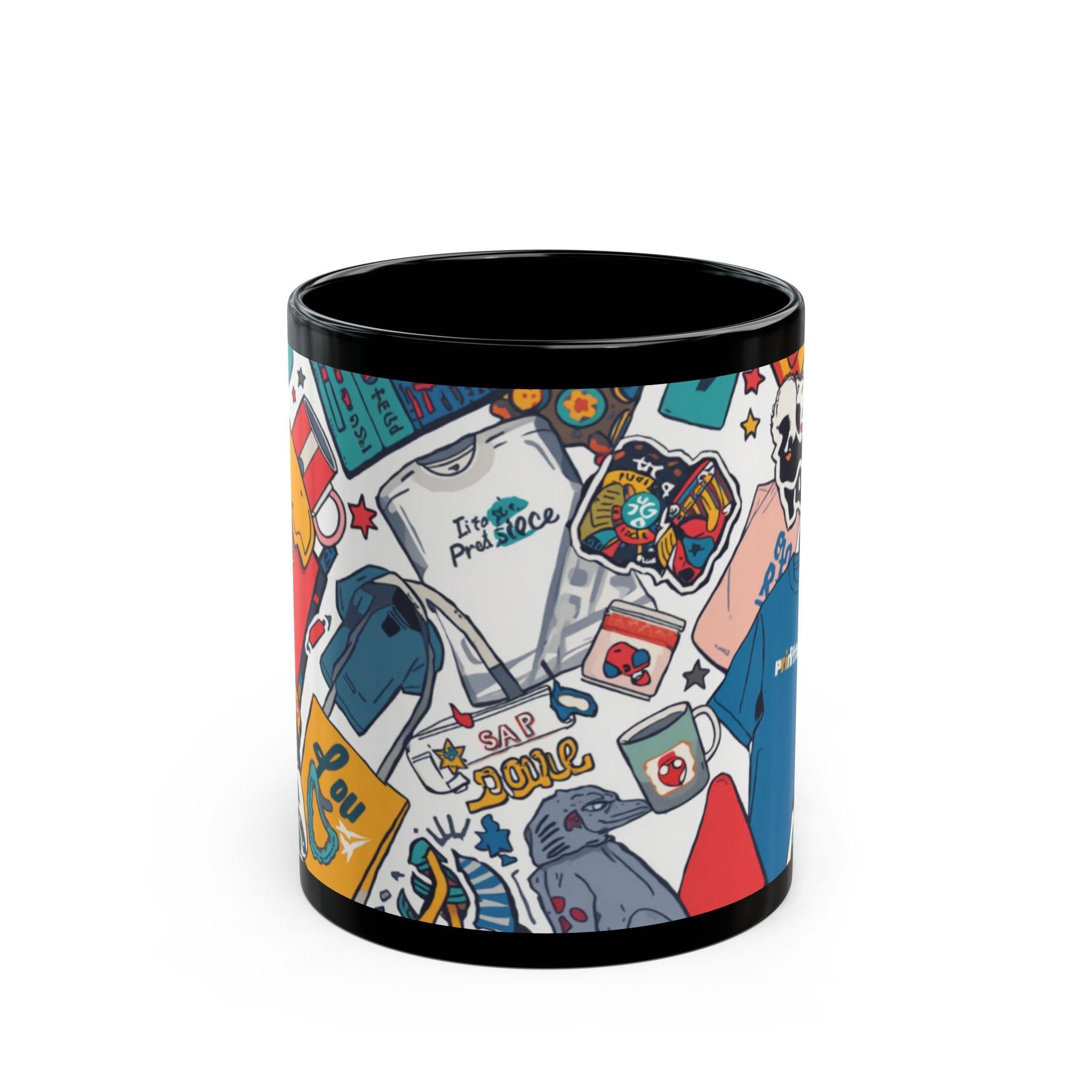 Sticker Collage Black Mug — Colorful Pop Art Coffee Cup (11oz/15oz)