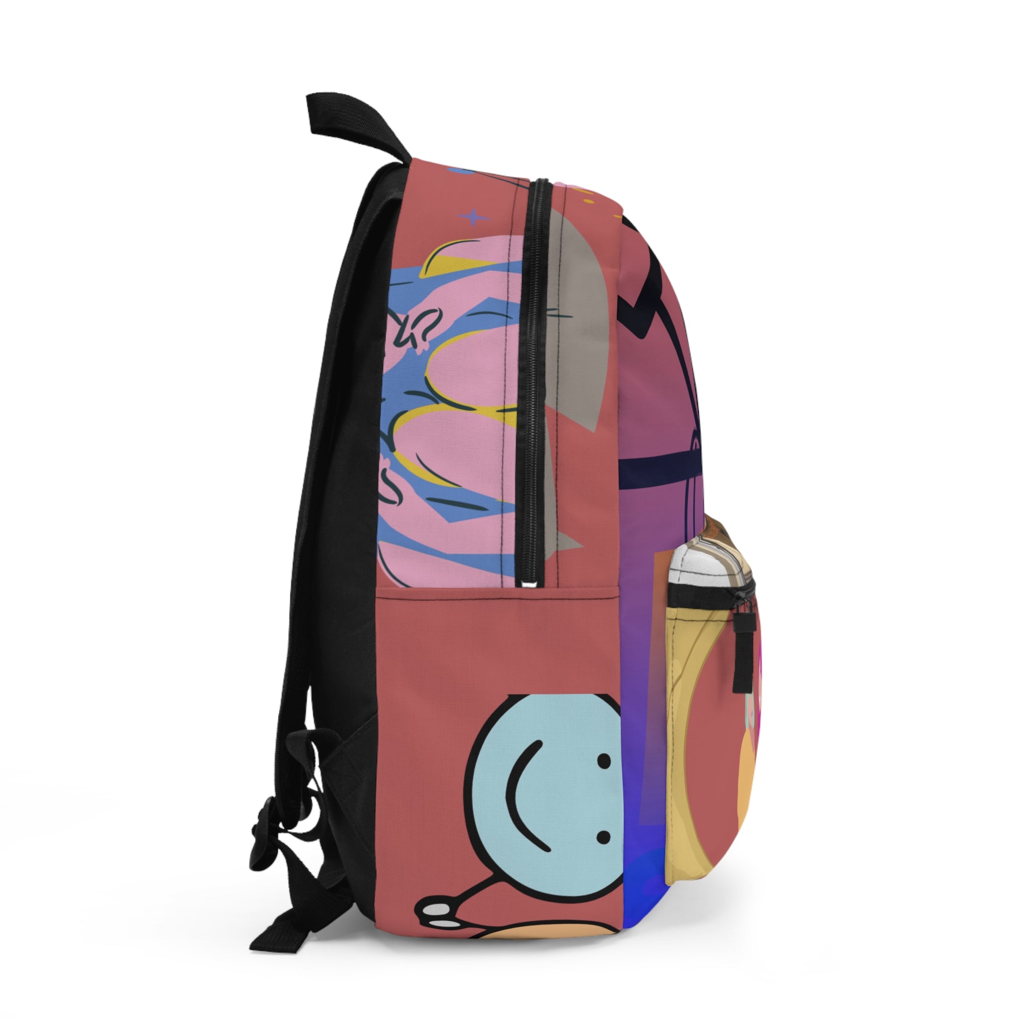 Retro Pop Art Smiley Backpack — Colorful Feminine Graphic School Bag