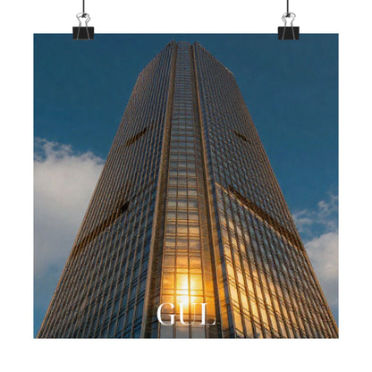 Skyscraper Sunset Matte Vertical Poster — Modern Architectural Wall Art ("GLL" Accent)