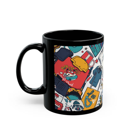 Sticker Collage Black Mug — Colorful Pop Art Coffee Cup (11oz/15oz)