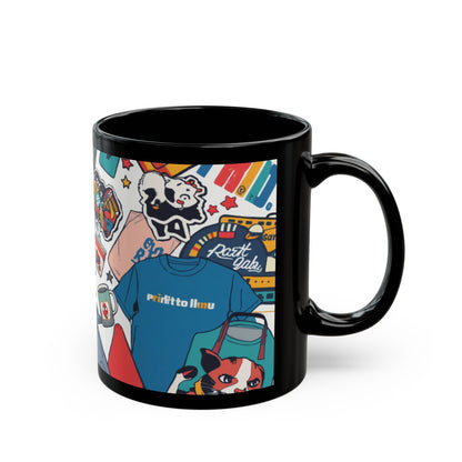 Sticker Collage Black Mug — Colorful Pop Art Coffee Cup (11oz/15oz)