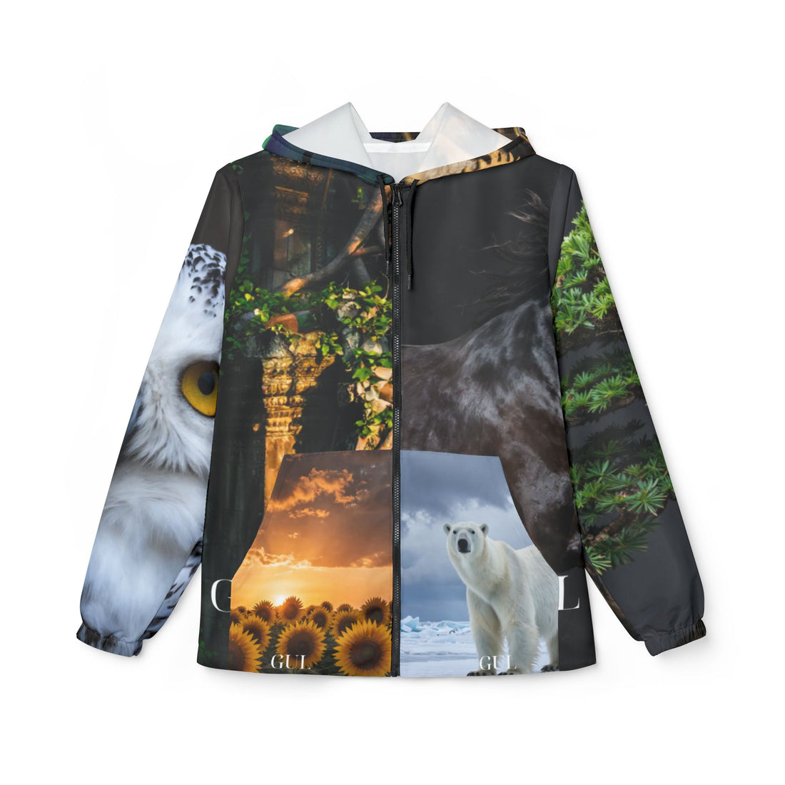 Nature Montage Windbreaker Jacket – Owl, Polar Bear &amp; Volcano All-Over Print