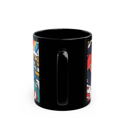Sticker Collage Black Mug — Colorful Pop Art Coffee Cup (11oz/15oz)
