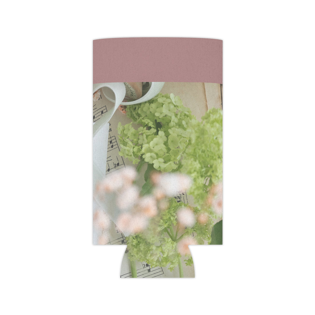 Floral Sheet Music Can Cooler — Vintage Botanical Drink Koozie