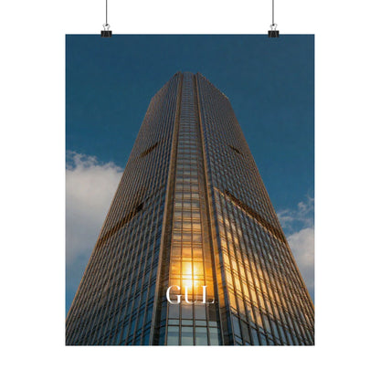 Skyscraper Sunset Matte Vertical Poster — Modern Architectural Wall Art ("GLL" Accent)