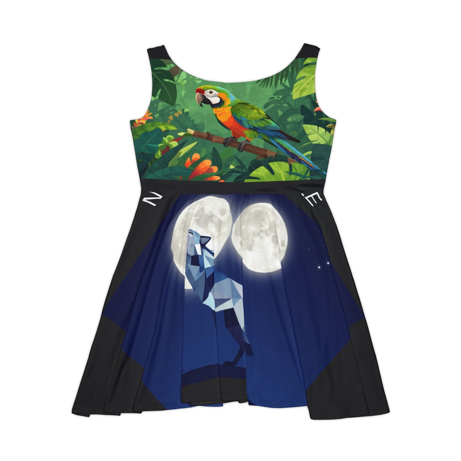 Skater Dress — Mystical Nature Print (Deer, Parrot &amp; Galaxy Artwork)