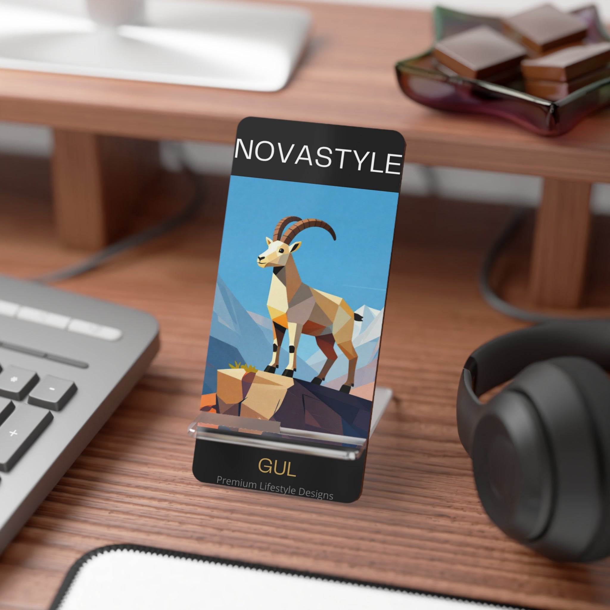 Goat Mountain Phone Stand — Foldable Mobile Display Stand with Geometric Goat Design