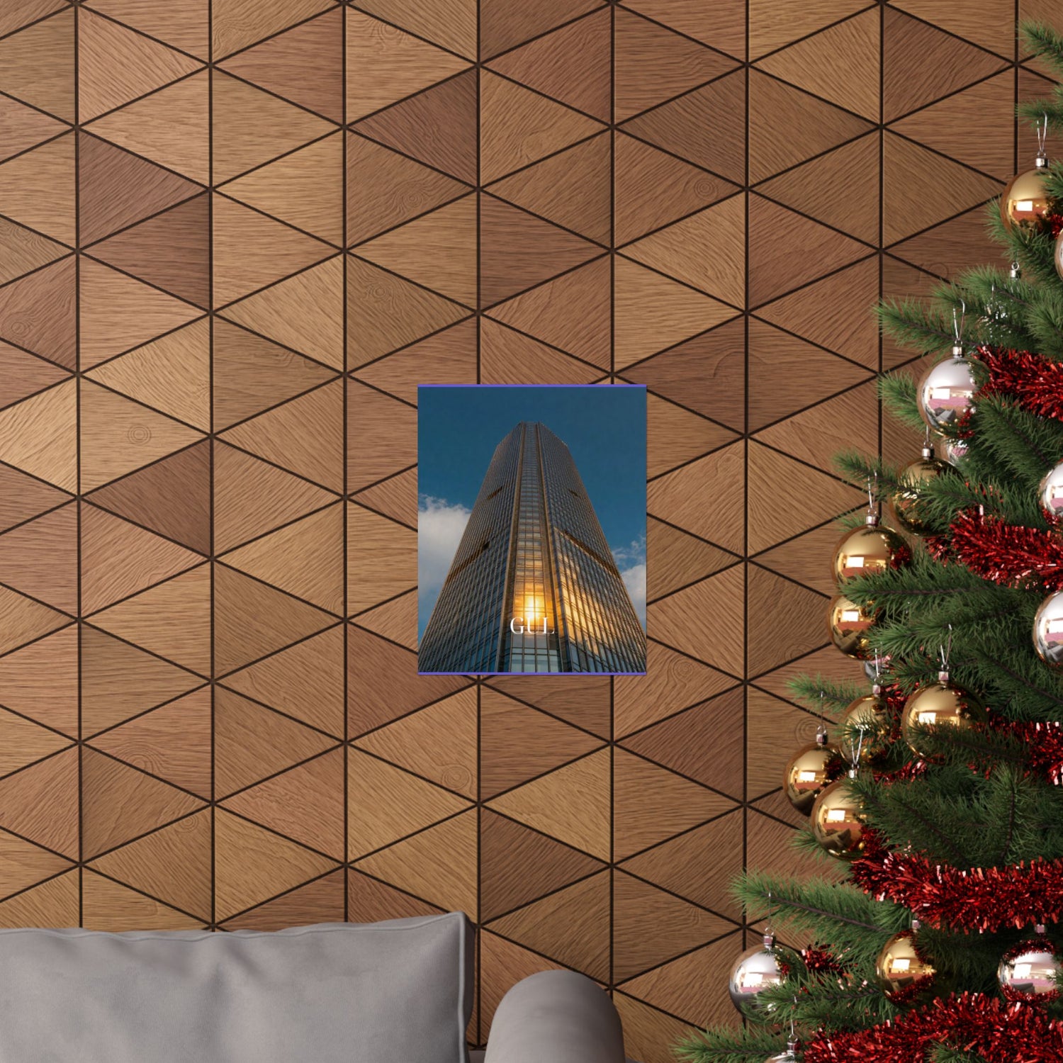 Skyscraper Sunset Matte Vertical Poster — Modern Architectural Wall Art ("GLL" Accent)