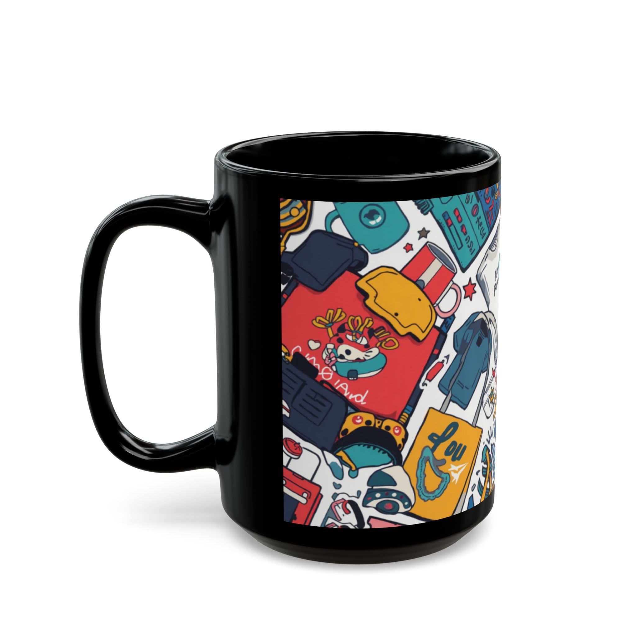 Sticker Collage Black Mug — Colorful Pop Art Coffee Cup (11oz/15oz)