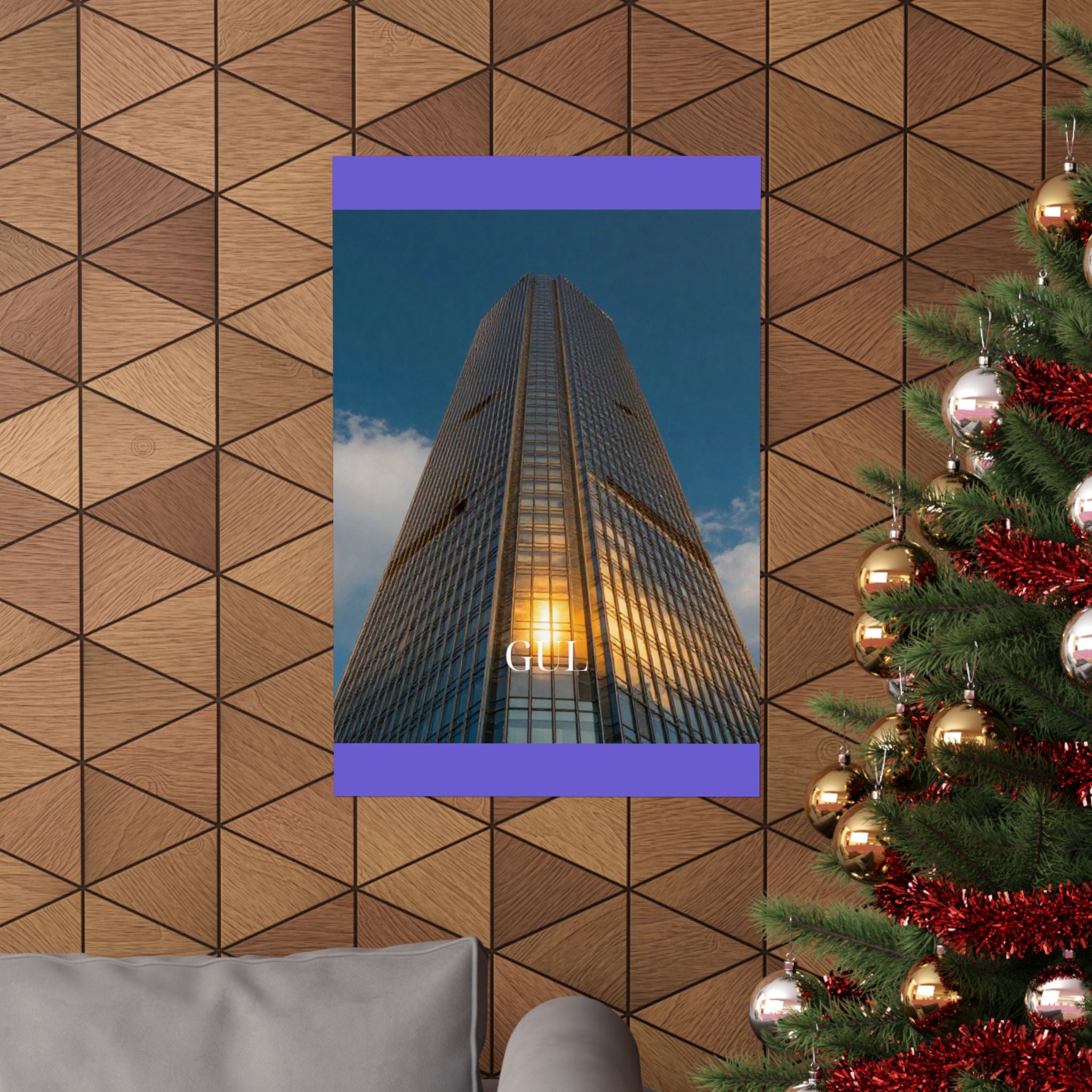 Skyscraper Sunset Matte Vertical Poster — Modern Architectural Wall Art ("GLL" Accent)