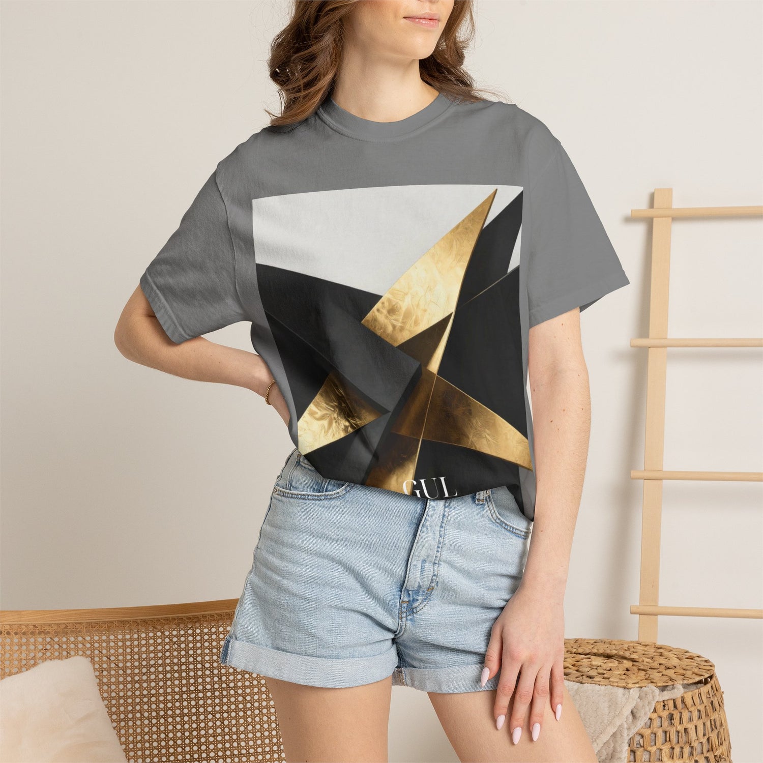 Graphic T-Shirt — Modern Gold Abstract &amp; Mountain Photo Print